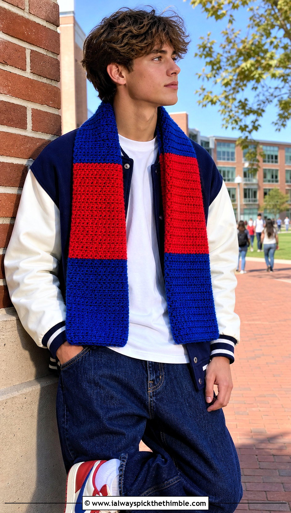 Color Block Crochet Scarf With Varsity Jacket - 20 crochet scarf ideas for men