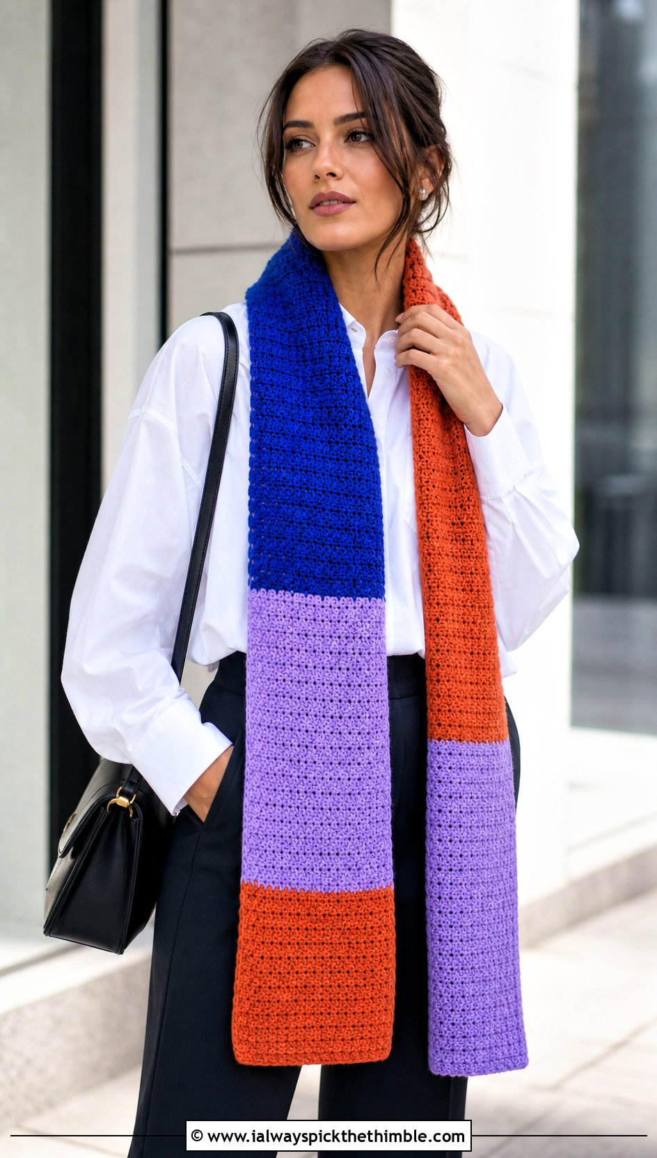 Color Block Crochet Scarf With White Shirt - 25 crochet scarf ideas
