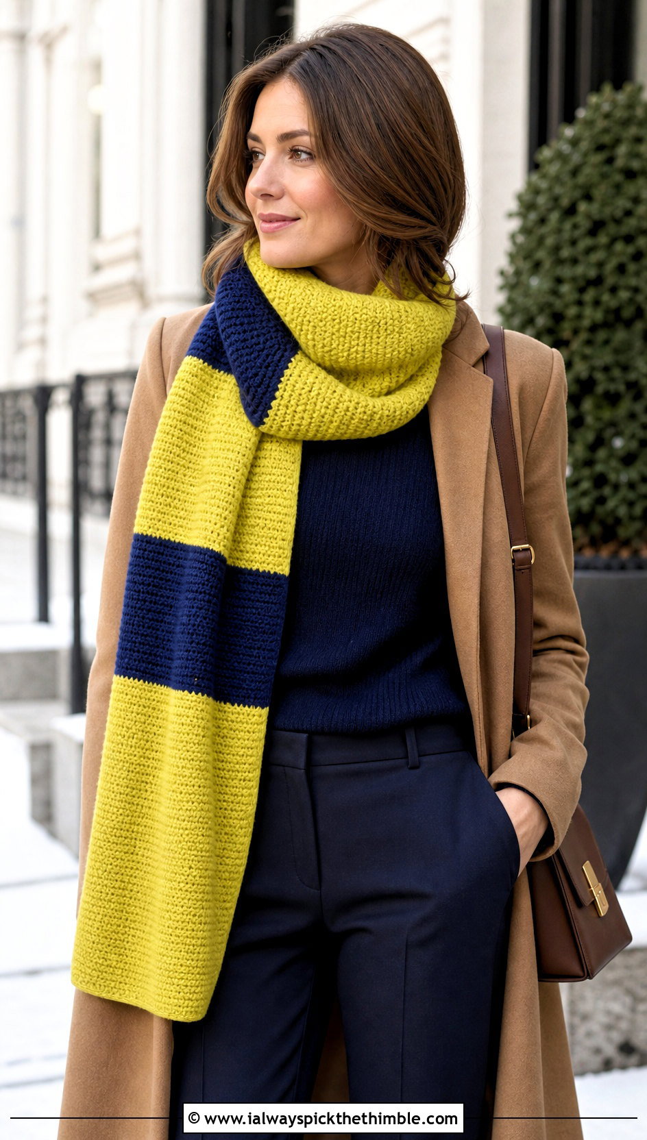 Color Block Crochet Scarf With Wool Coat - 20 easy crochet scarfs outfit ideas