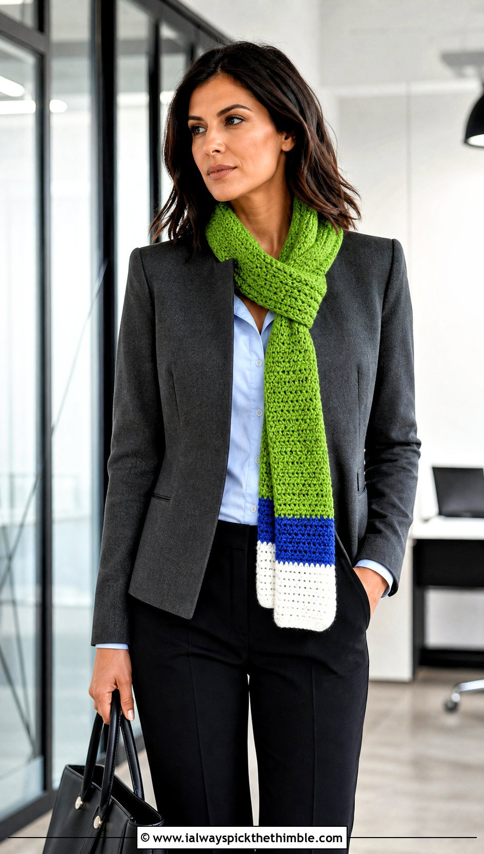 Color Block Crochet Scarf With Workwear - 25 crocheted scarf outfit ideas