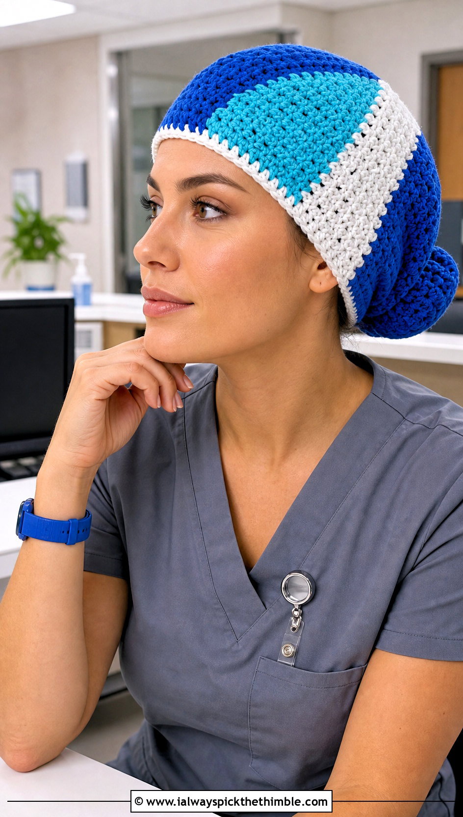 Color Block Crochet Scrub Cap With Monochrome Scrubs - 20 Crochet Scrub Cap outfit ideas