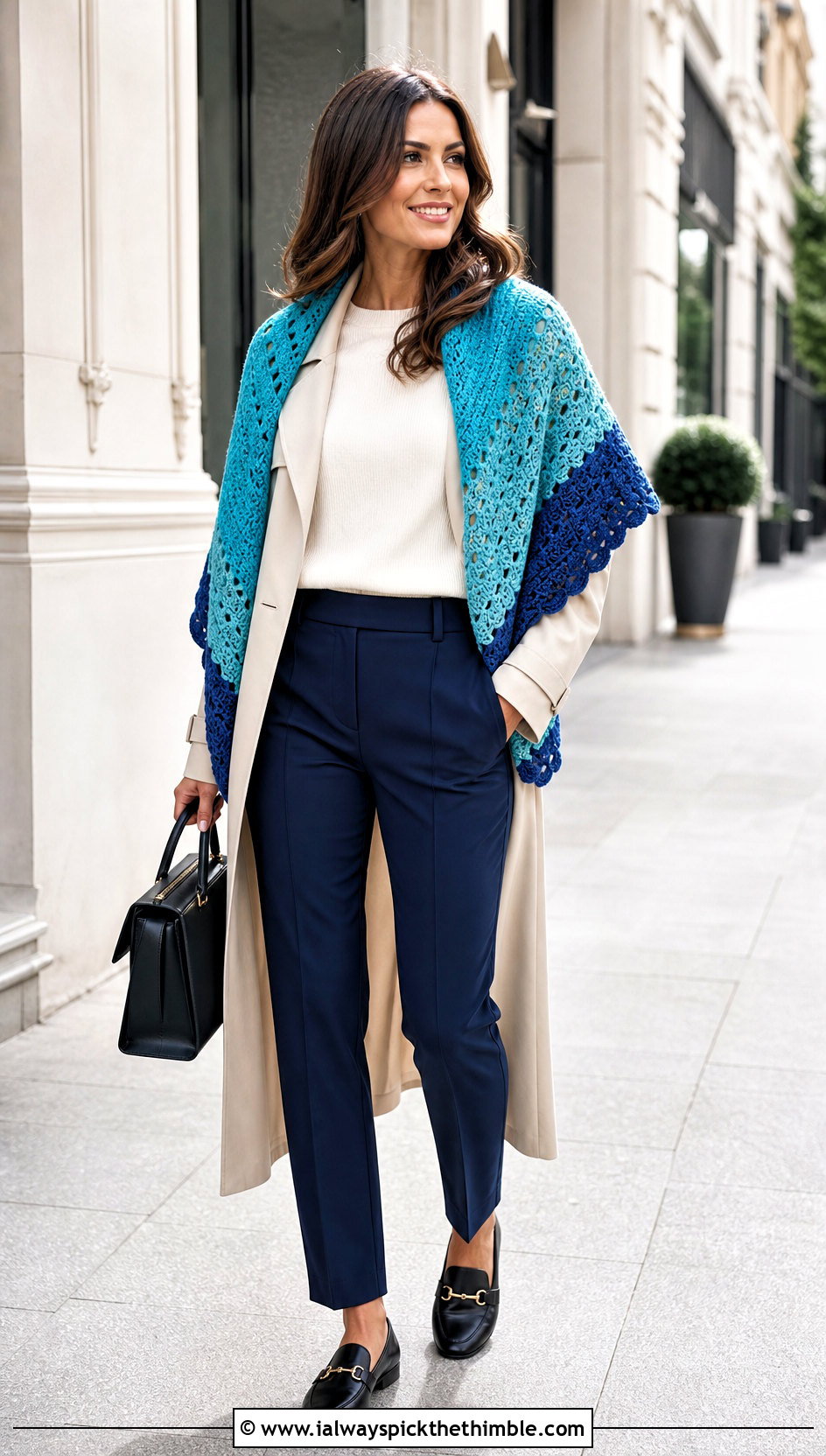 Color Block Crochet Semi Circle Shawl With Trench Coat - 20 Crochet Semi Circle Shawl outfit ideas