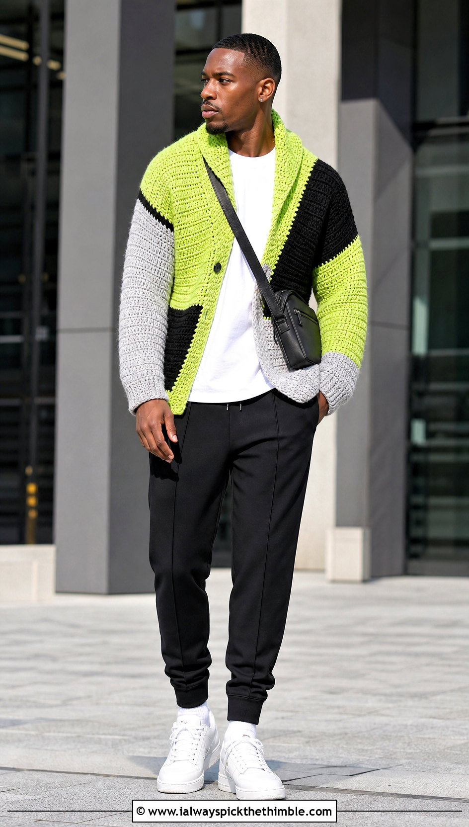 Color Block Crochet Shawl Collar Cardigan With Track Pants - 20 Mens Crochet Shawl Collar Cardigan outfit ideas