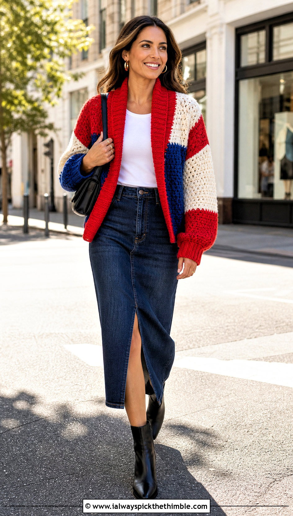 Color Block Crochet Shawl Collar Sweater With Denim Midi Skirt - 20 Crochet Shawl Collar Sweater outfit ideas
