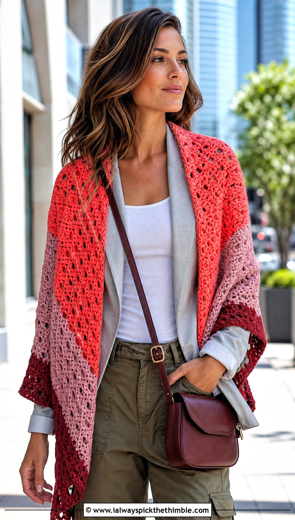 Color Block Crochet Shawl With Blazer And Cargo Pants - 25 crochet shawl outfit ideas
