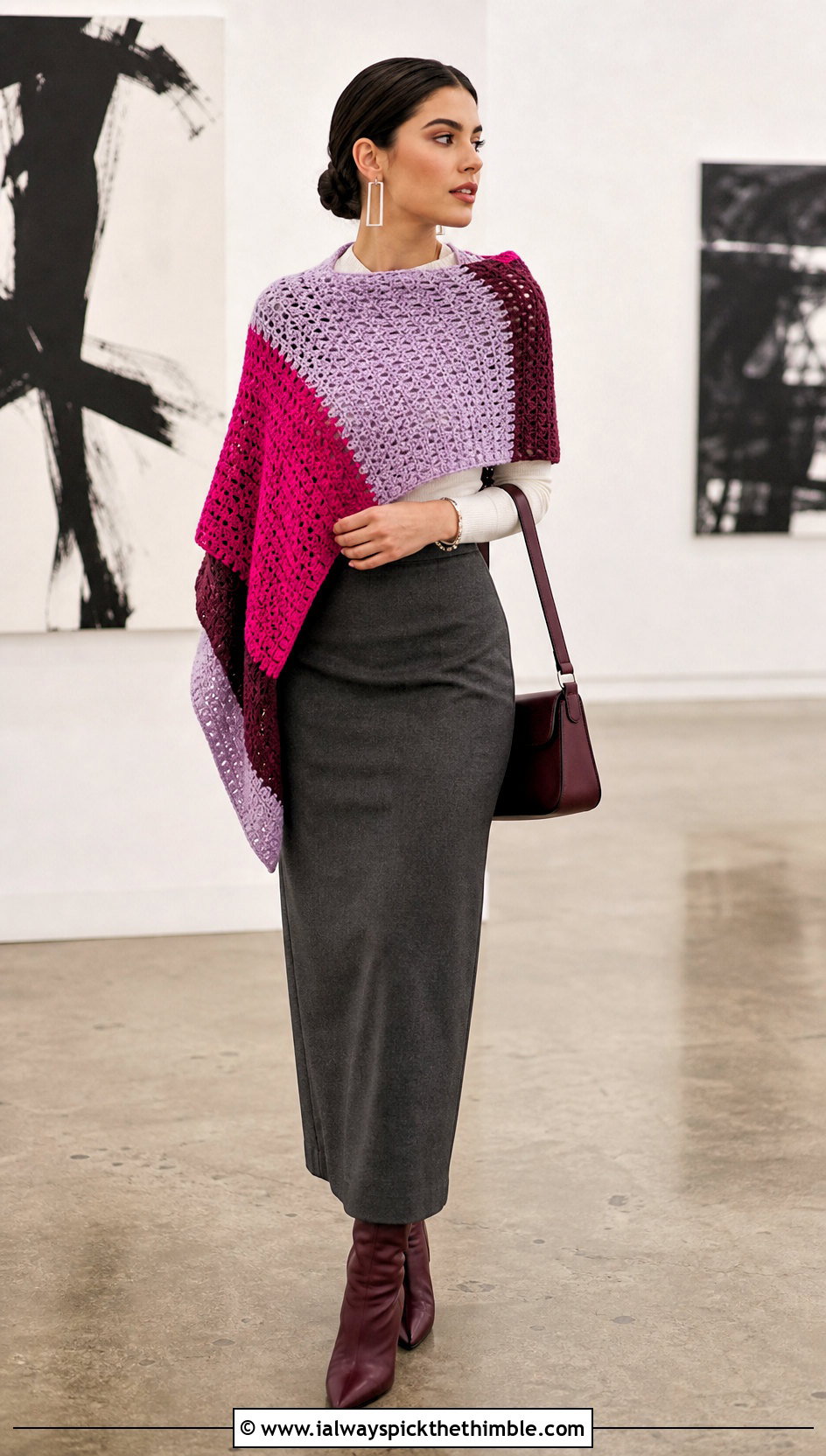 Color Block Crochet Shawl With Column Skirt - 20 crochet for shawls outfit ideas