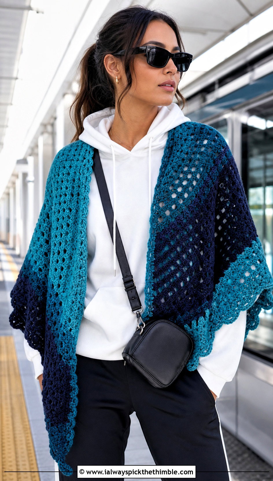 Color Block Crochet Shawl With Track Pants - 20 winter crochet shawl outfit ideas