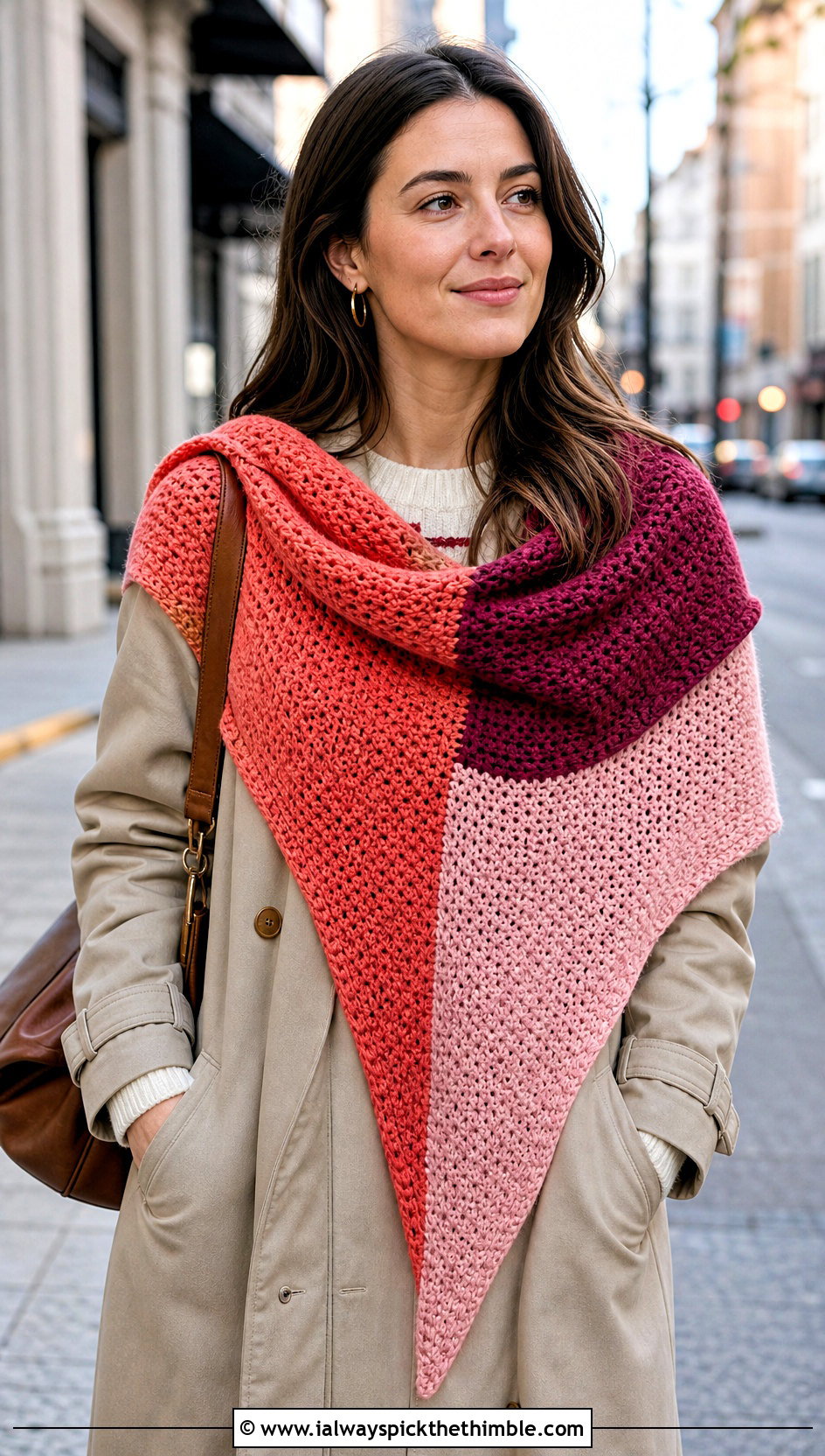 Color Block Crochet Shawl With Trench Coat - 25 easy simple crochet shawl outfit ideas