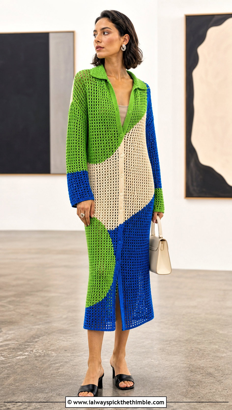 Color Block Crochet Shirt Dress With Minimal Mules - 25 crochet shirt dress outfit ideas