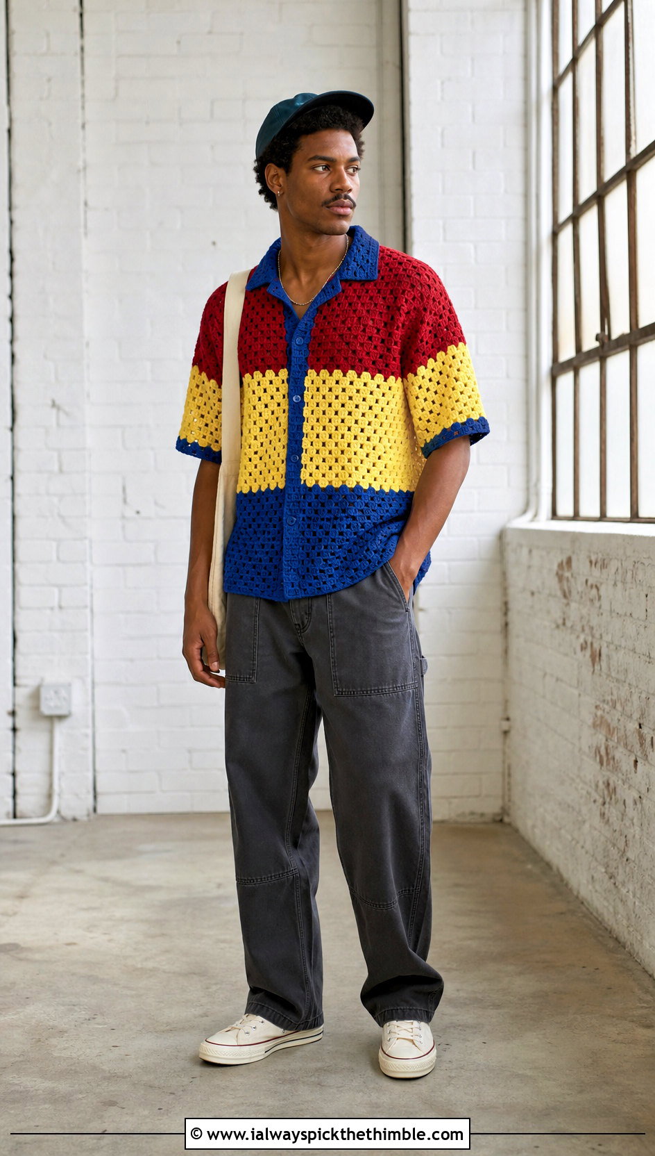 Color Block Crochet Shirt With Carpenter Pants - 25 mens crochet shirt outfit ideas