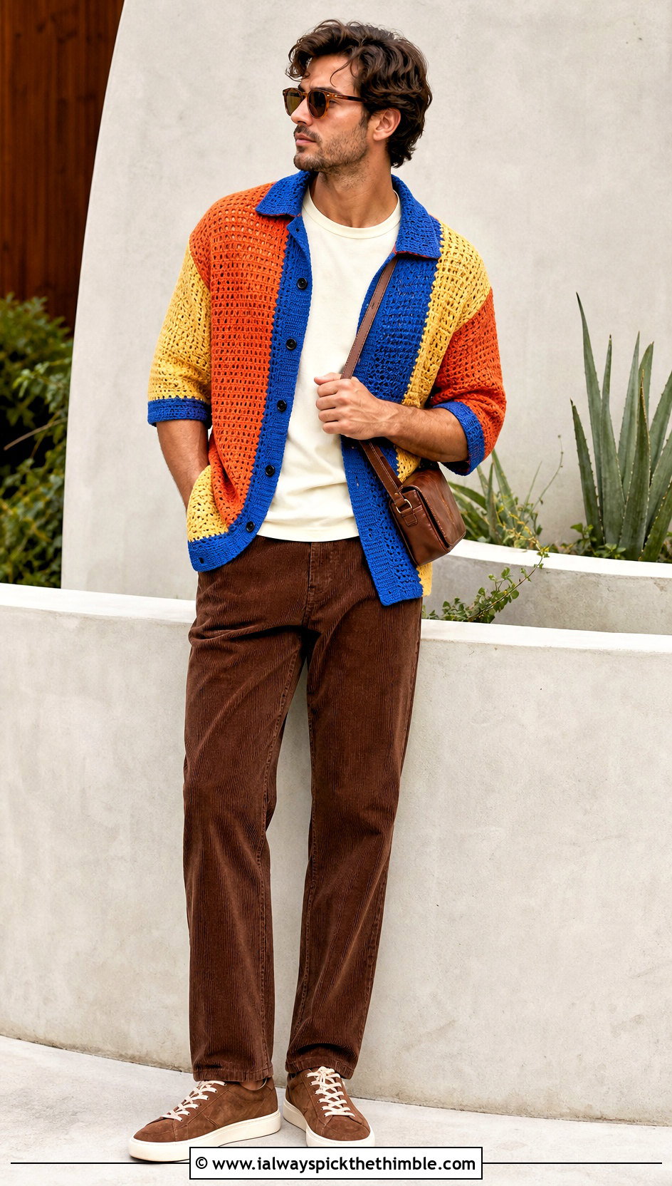 Color Block Crochet Shirt With Corduroy Pants - 25 crochet shirts for men outfit ideas