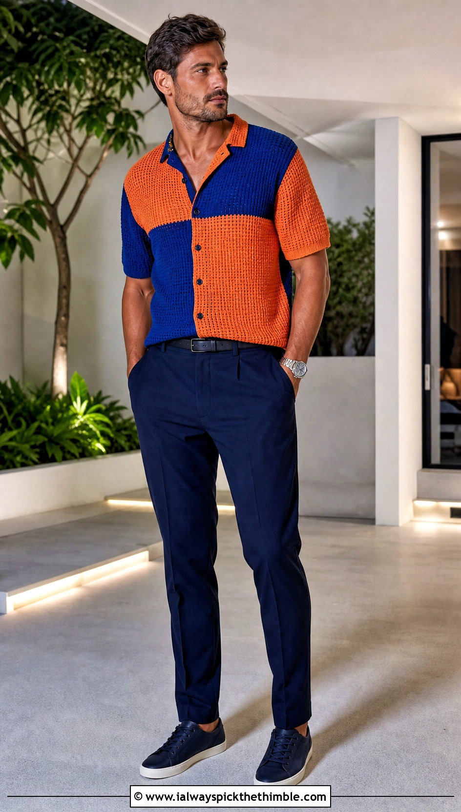 Color Block Crochet Shirt With Navy Trousers - 25 crochet shirt men outfit ideas