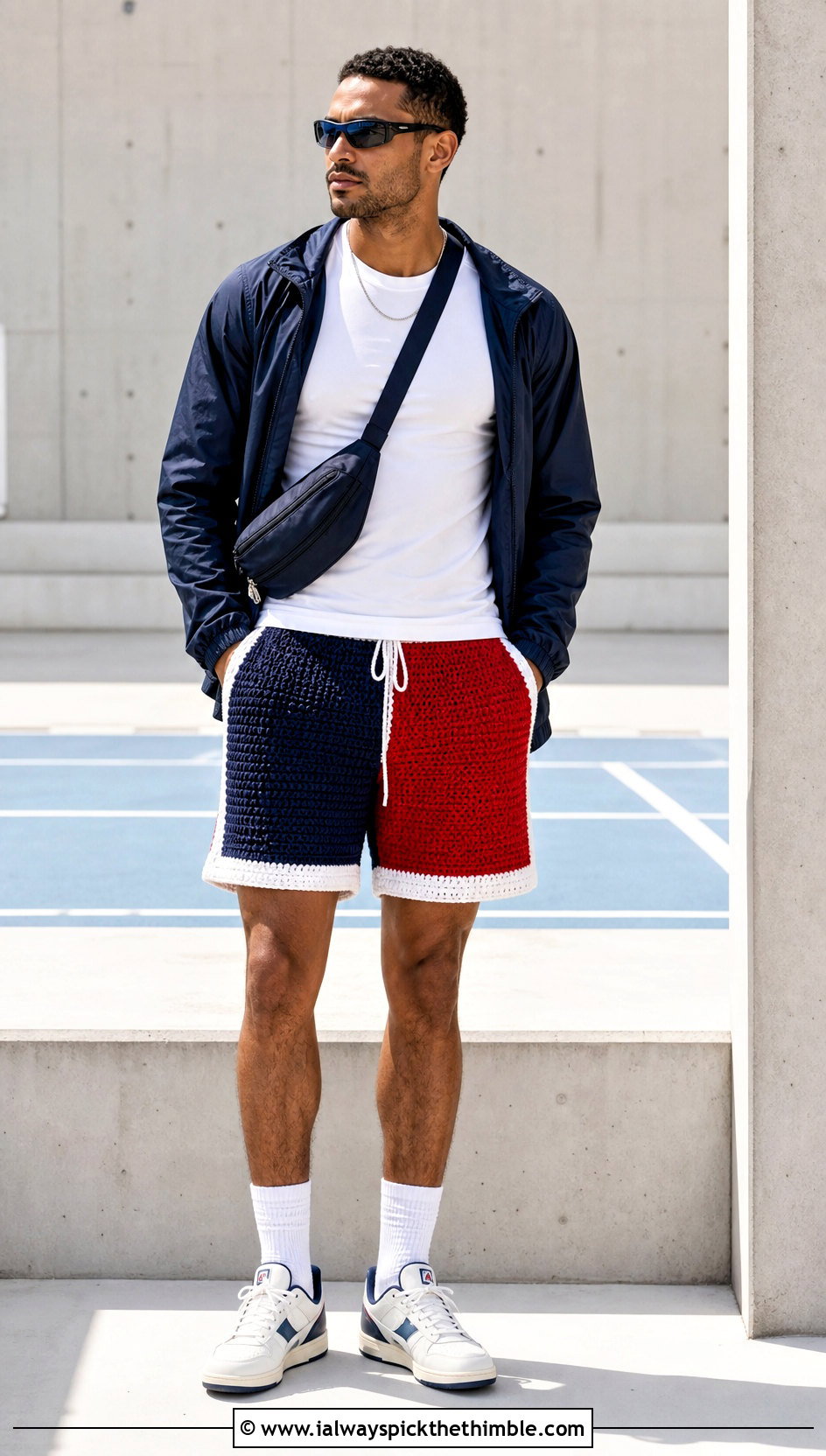 Color Block Crochet Shorts With Track Jacket - 15 Crochet Mens Shorts For Men outfit ideas