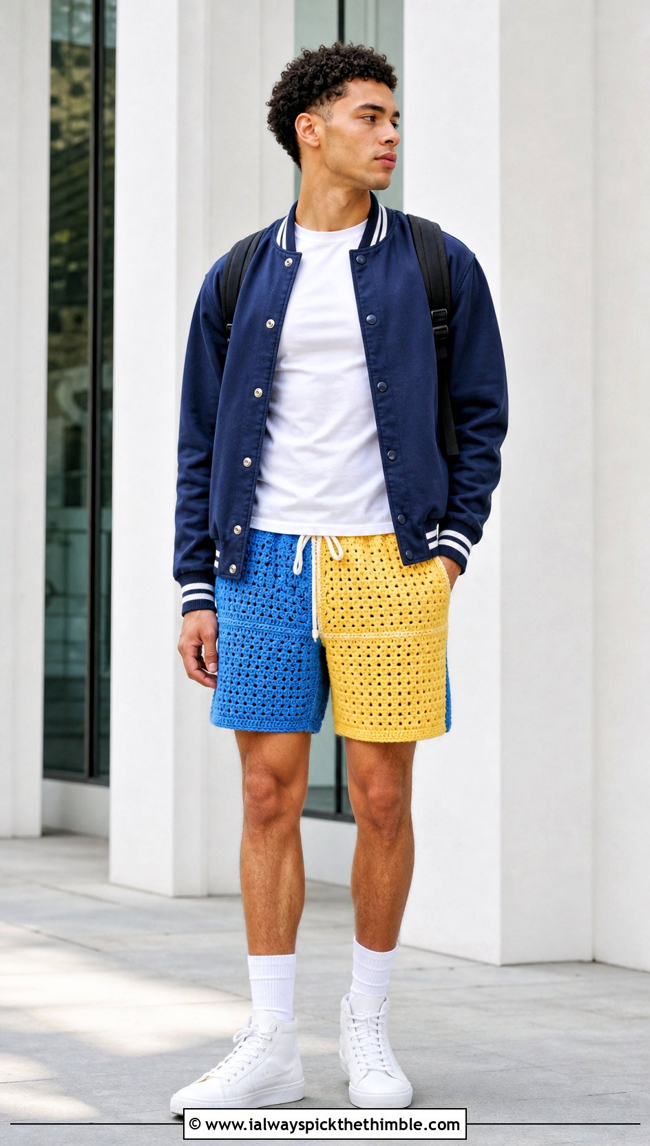 Color Block Crochet Shorts With Varsity Jacket - 20 Crochet Shorts Mens outfit ideas