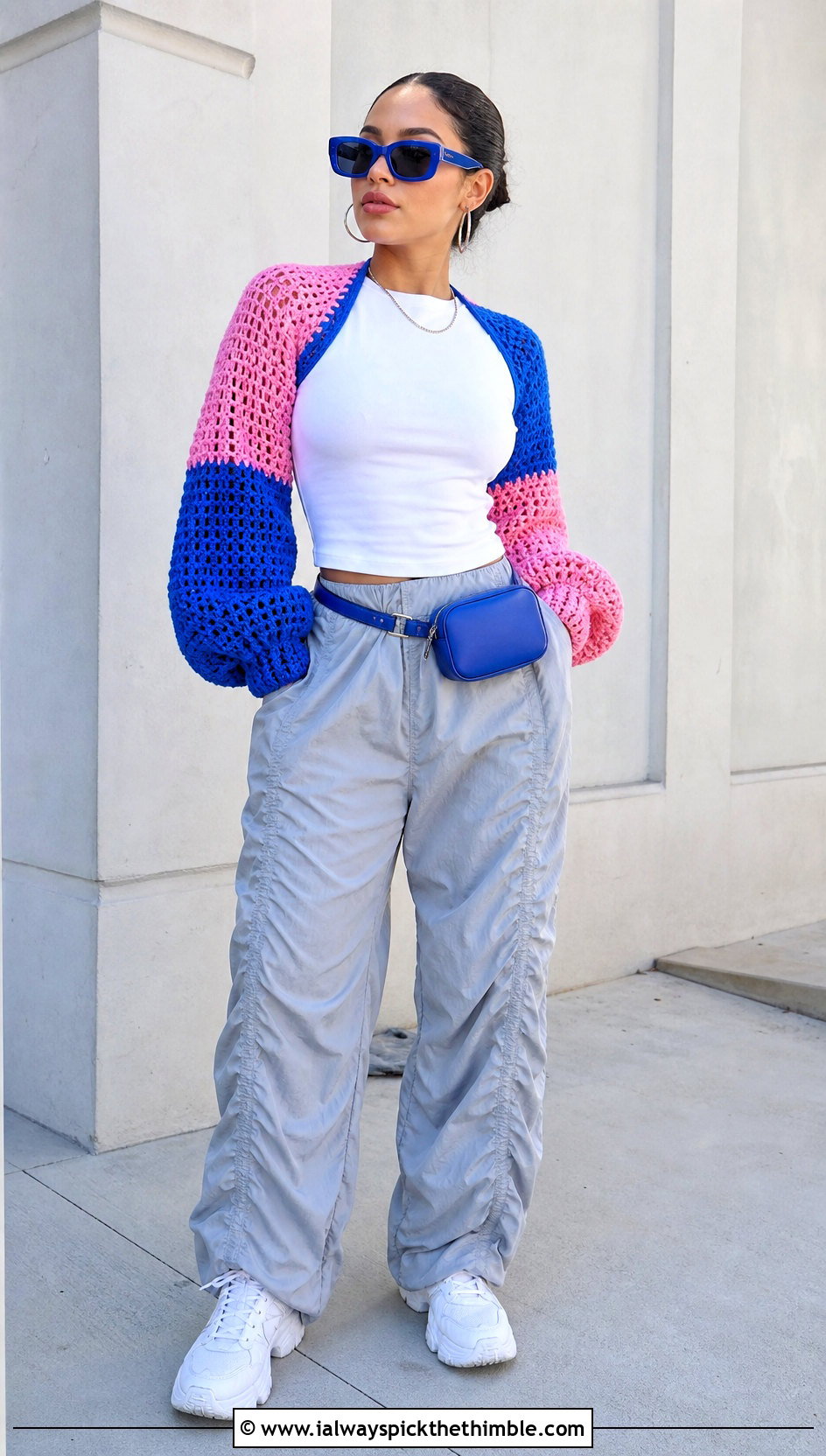 Color Block Crochet Shrug Sleeves With Parachute Pants - 20 Crochet Shrug Sleeves outfit ideas