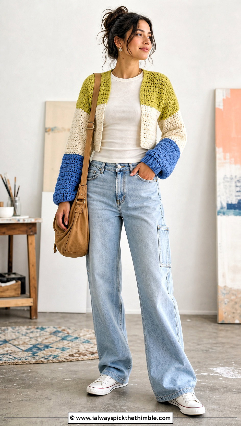 Color Block Crochet Shrug With Carpenter Jeans - 20 Crochet Mini Sweater outfit ideas