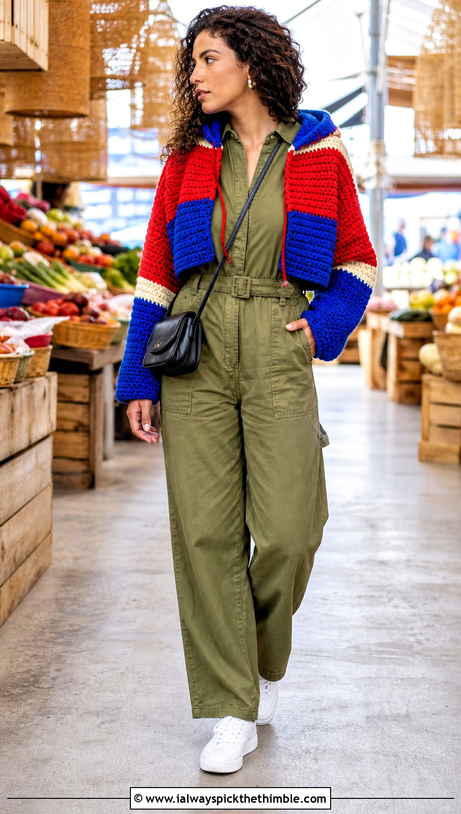 Color Block Crochet Shrug With Hood And Utility Jumpsuit - 20 crochet shrug with hood outfit ideas