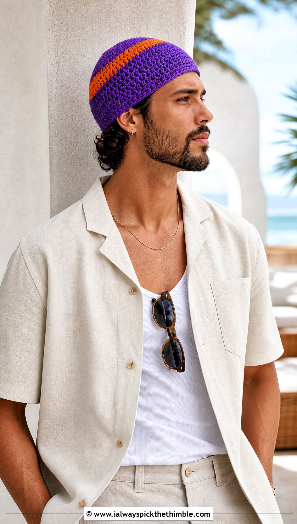 Color Block Crochet Skull Cap With Camp Collar Shirt And Trousers - 20 Mens Crochet Skull Cap outfit ideas