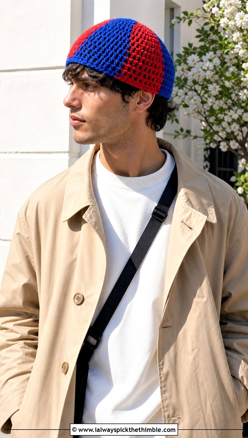 Color Block Crochet Skull Cap With Trench Coat - 20 Crochet Skull Cap For Men outfit ideas
