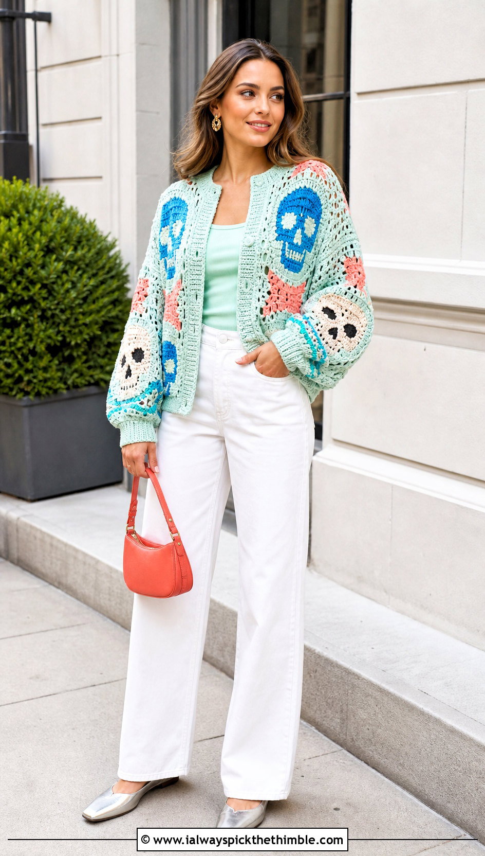 Color Block Crochet Skull Sweater With White Jeans - 25 crochet skull sweater outfit ideas