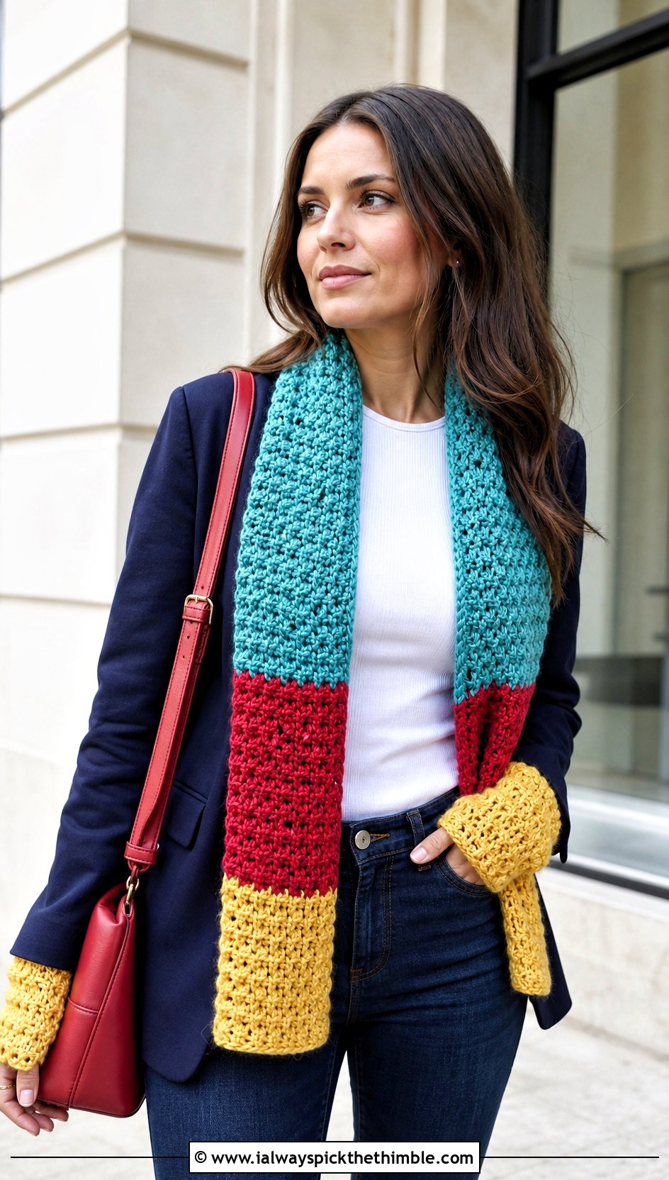 Color Block Crochet Sleeve Scarf With Blazer And Jeans - 20 crochet sleeve scarf outfit ideas