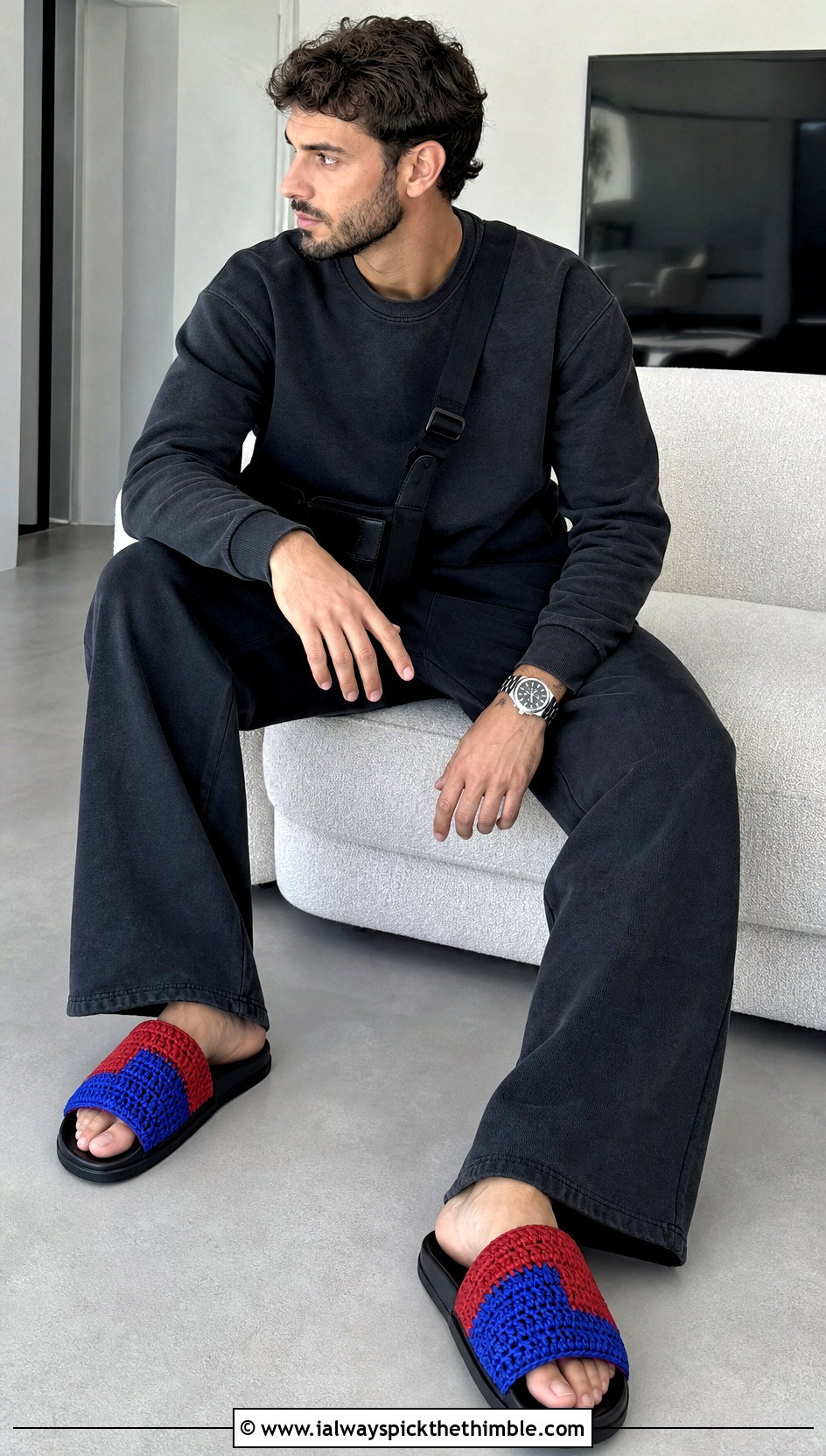 Color Block Crochet Slide Slippers With Monochrome Outfit - 20 crochet men's slippers outfit ideas