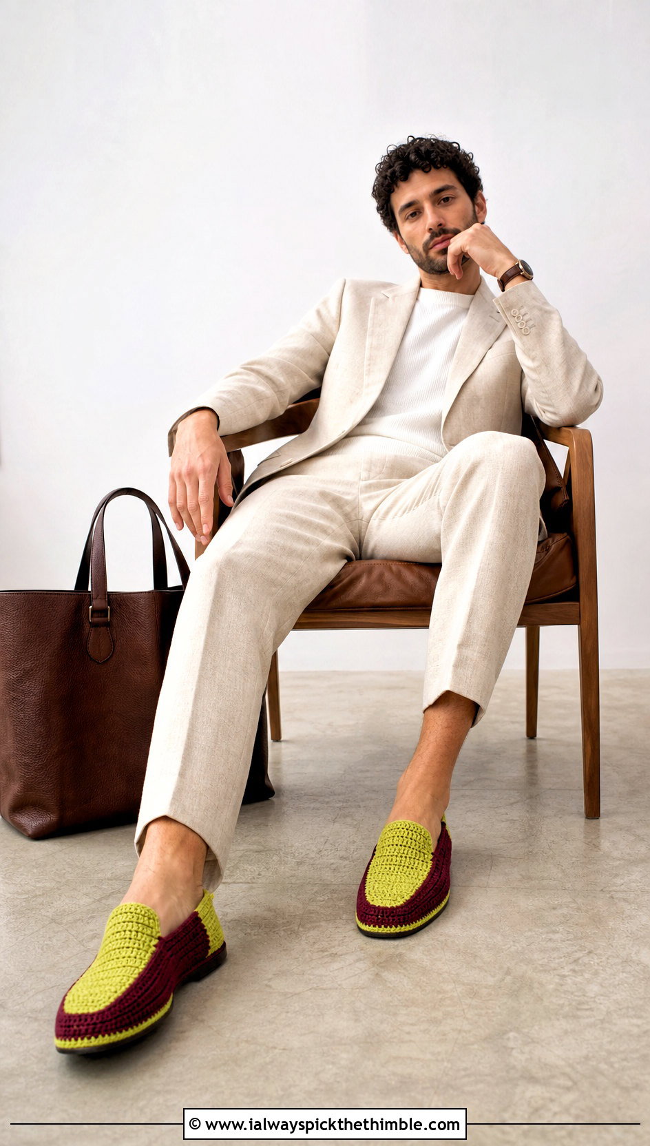 Color Block Crochet Slippers With Neutral Suit - 25 mens crochet slippers outfit ideas