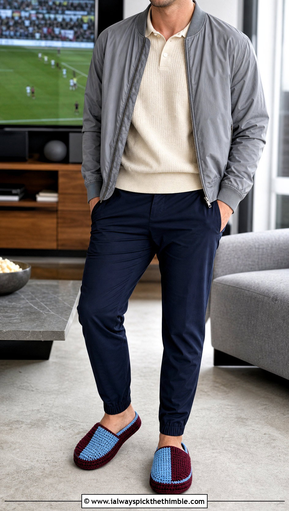 Color Block Crochet Slippers With Track Pants And Polo Shirt - 20 easy mens crochet slippers outfit ideas