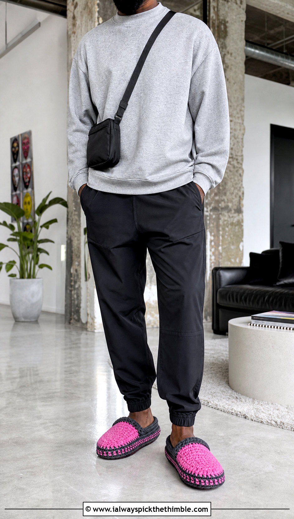 Color Block Crochet Slippers With Track Pants And Sweatshirt - 15 Easy Crochet Mens Slippers outfit ideas