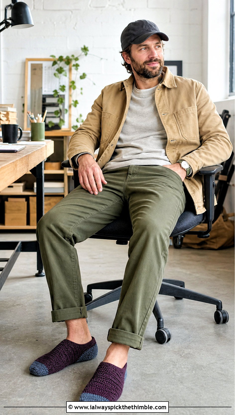 Color Block Crochet Slippers With Utility Jacket And Fatigue Pants - 20 crochet slippers for men outfit ideas