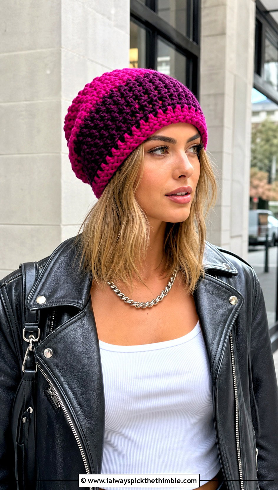 Color Block Crochet Slouch Beanie With Leather Jacket - 25 crochet slouch beanie outfit ideas
