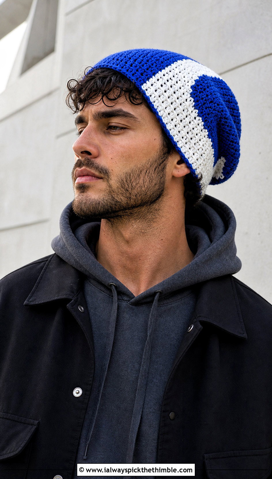 Color Block Crochet Slouchy Beanie With Monochrome Outfit - 25 Crochet Slouchy Hat Mens Slouch Beanie outfit ideas