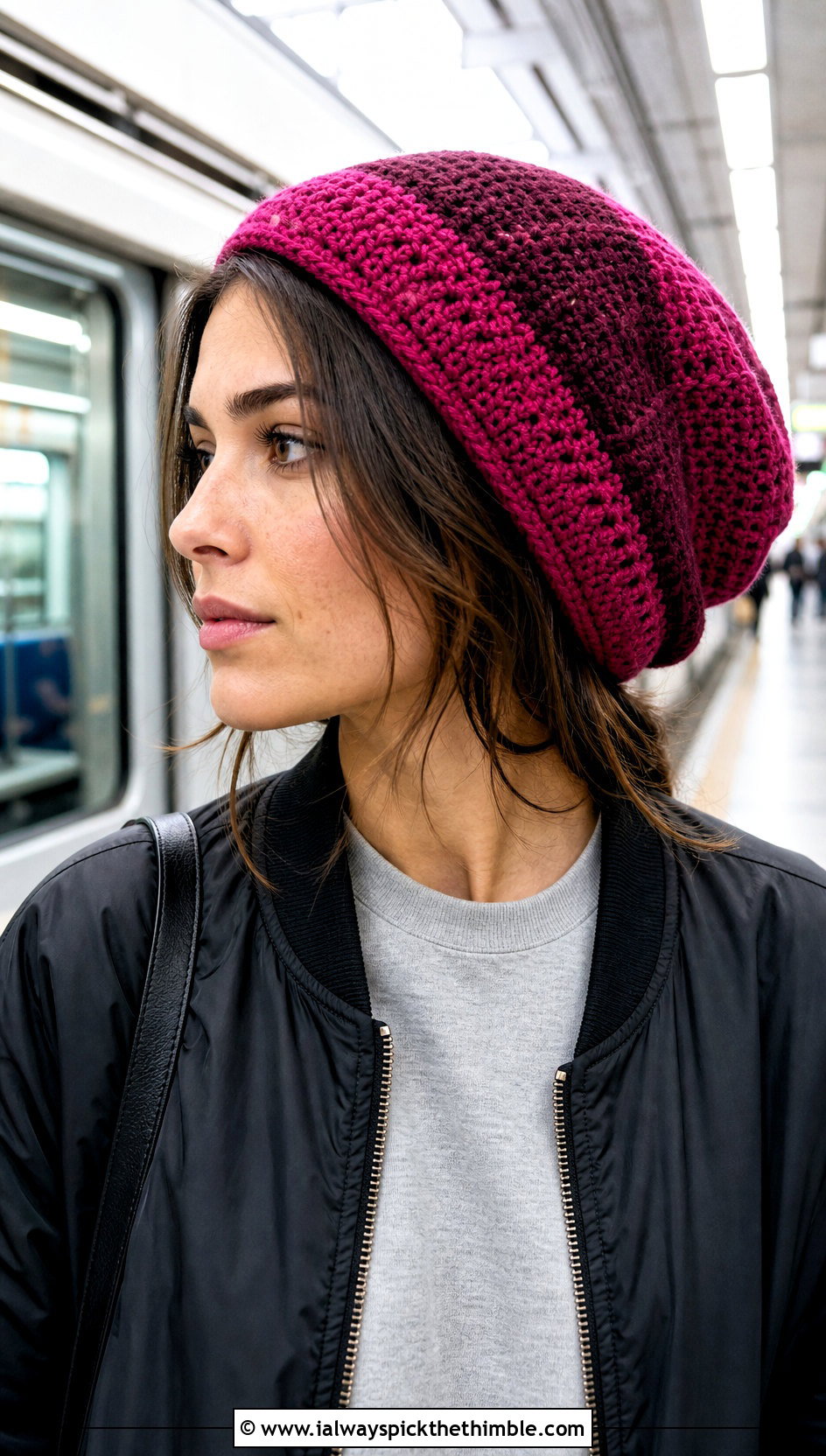 Color Block Crochet Slouchy Hat With Bomber Jacket And Track Pants - 25 crochet slouchy hat outfit ideas