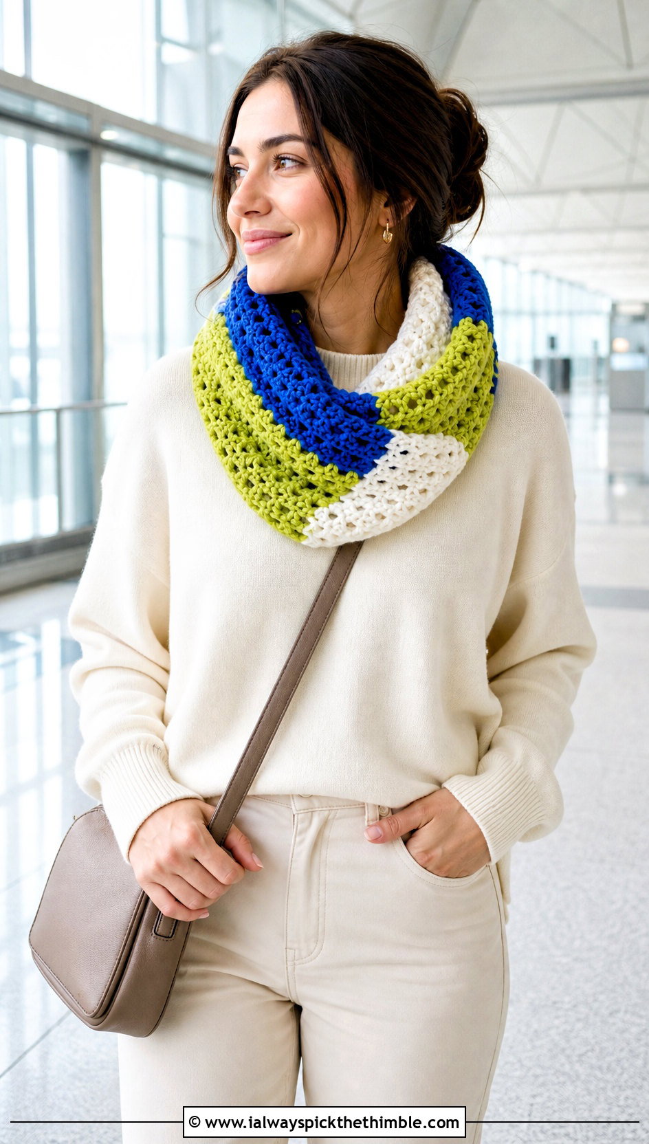 Color Block Crochet Snood Scarf With Monochrome Outfit - 20 snood crochet scarf outfit ideas