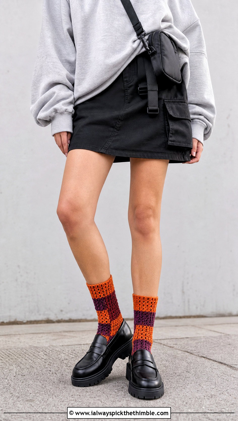 Color Block Crochet Socks With A Mini Skirt - 25 crochet sock outfit ideas