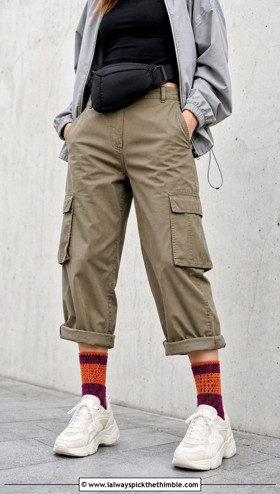 Color Block Crochet Socks With Cargo Pants And Trainers - 15 crochet ladies socks outfit ideas