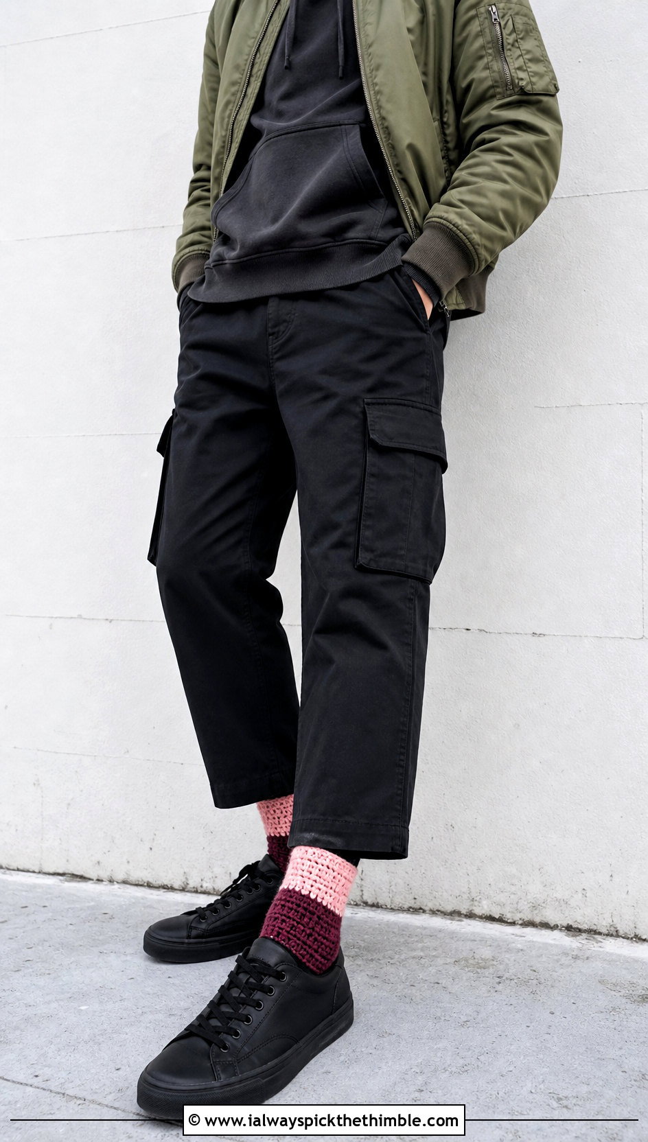 Color Block Crochet Socks With Cargos And Bomber Jacket - 25 crochet socks for men outfit ideas
