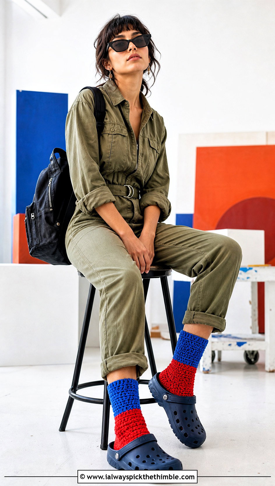 Color Block Crochet Socks With Utility Jumpsuit - 20 croc crochet socks outfit ideas