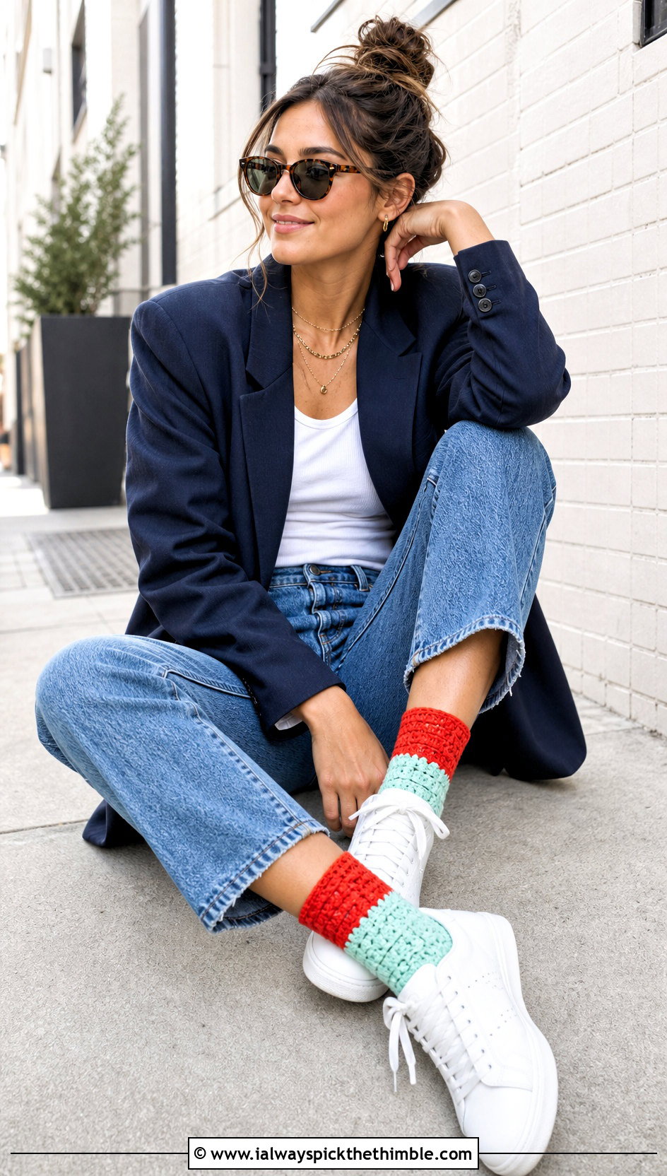 Color Block Crochet Socks With White Sneakers - 20 Crocheted Socks outfit ideas
