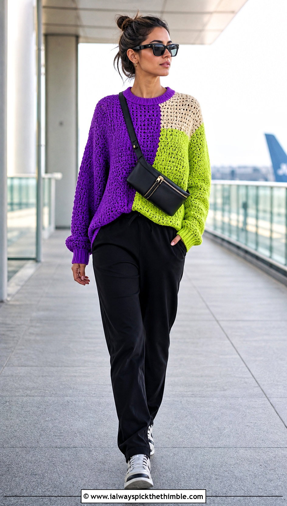 Color Block Crochet Spring Sweater With Track Pants - 25 crochet spring sweater outfit ideas