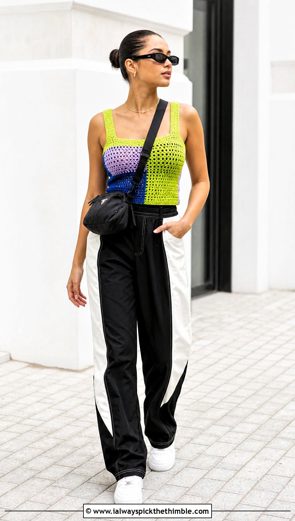 Color Block Crochet Square Neck Top With Track Pants - 25 crochet square neck top outfit ideas