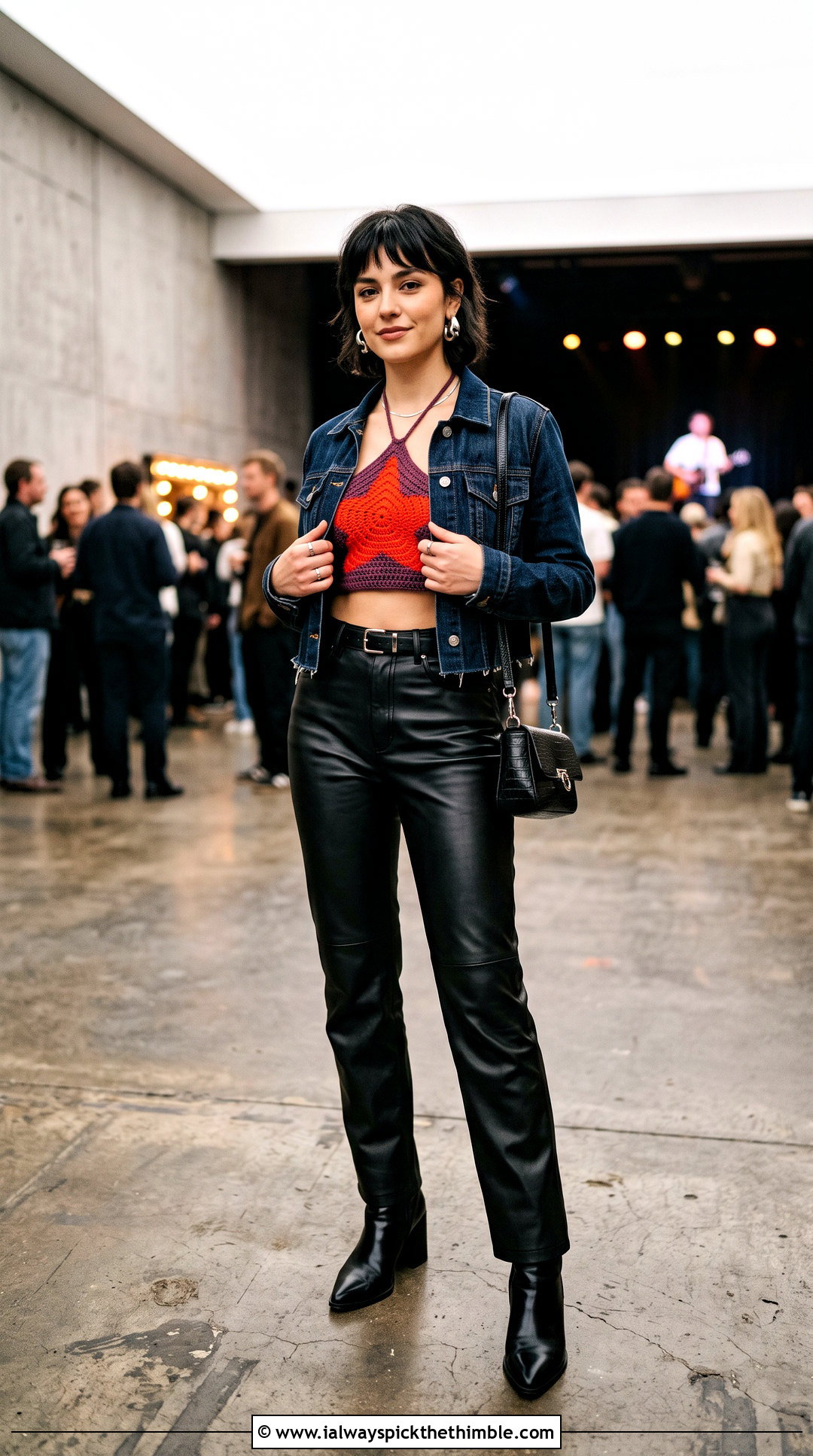 Color Block Crochet Star Bra With Leather Pants - 20 crochet star bra outfit ideas