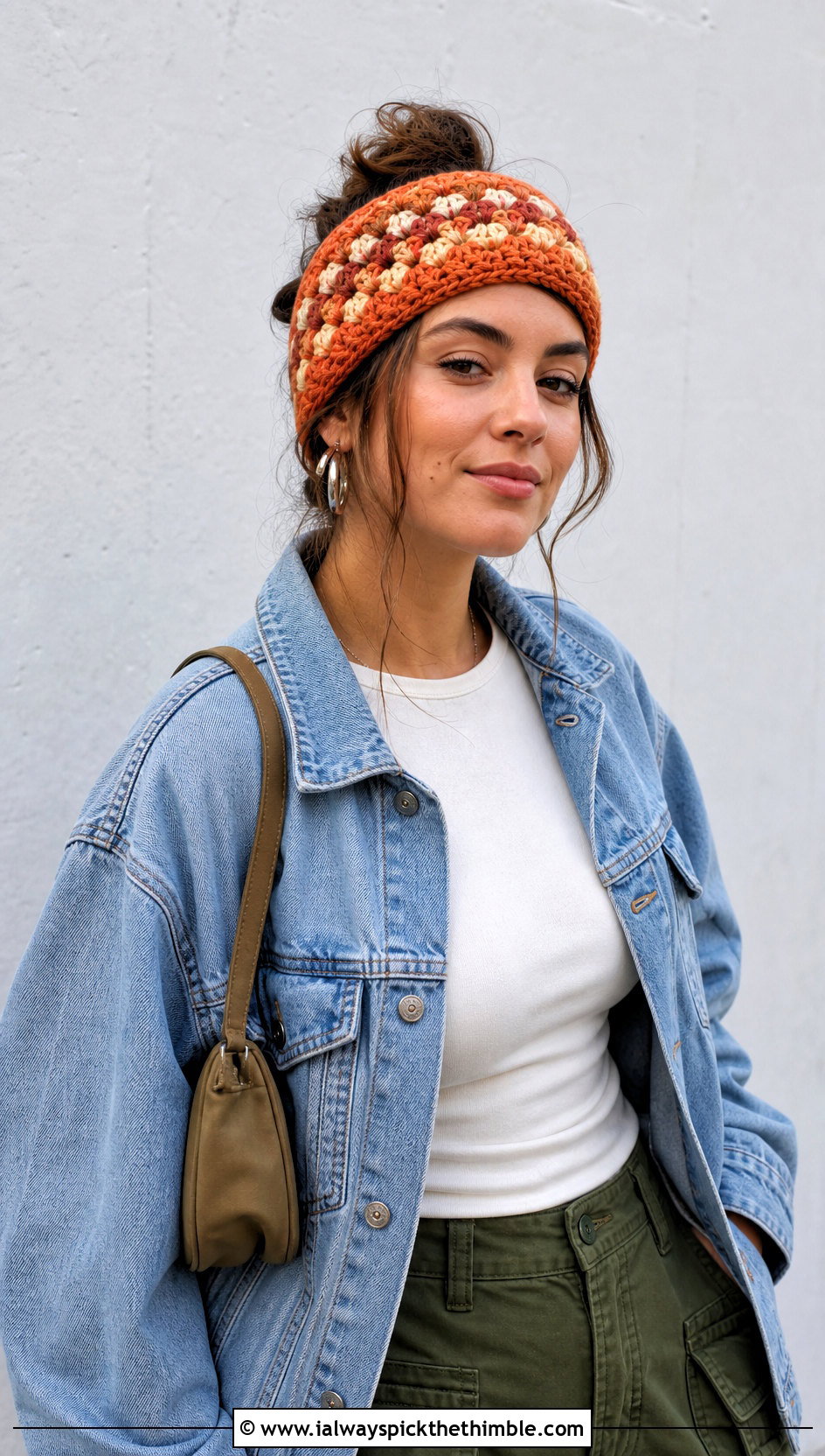 Color Block Crochet Star Stitch Ear Warmer With Denim Jacket And Cargo Pants - 15 Crochet Star Stitch Ear Warmer outfit ideas