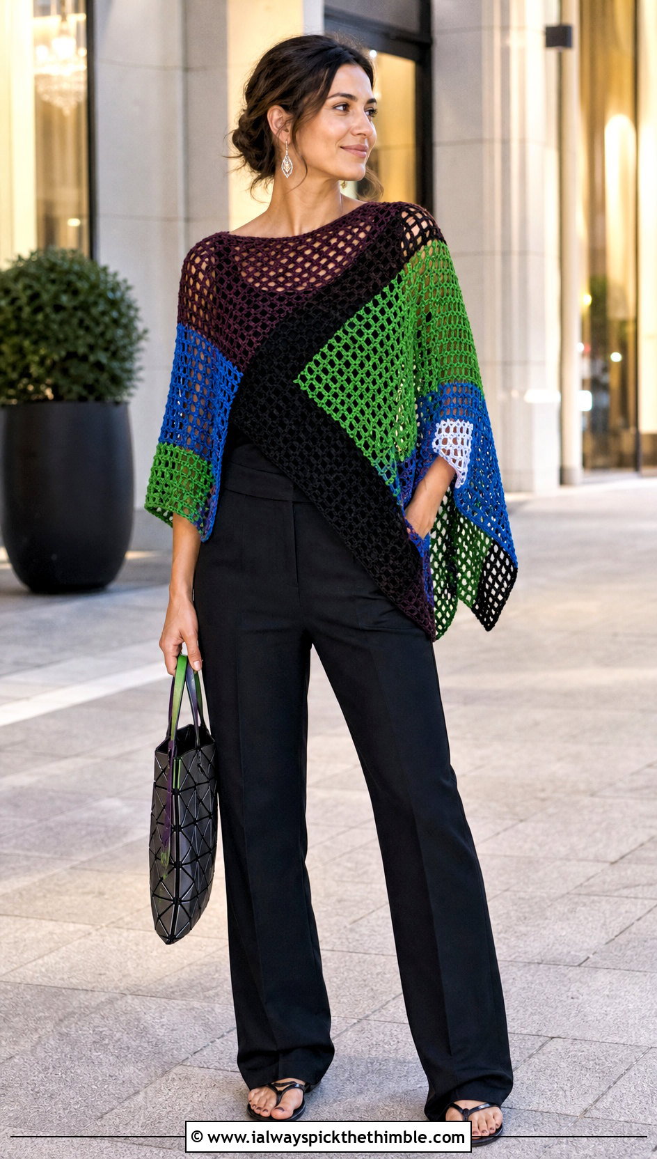 Color Block Crochet Summer Poncho With Black Trousers - 25 crochet summer poncho outfit ideas