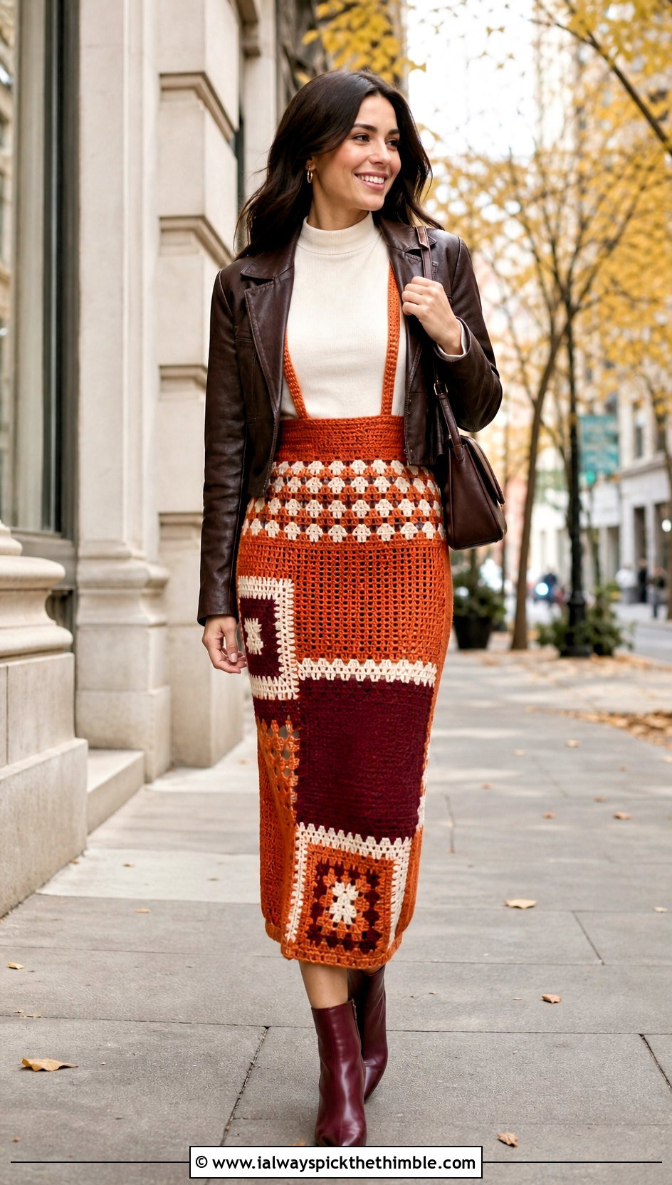 Color Block Crochet Suspender Midi Skirt With Leather Jacket - 20 crochet skirt with suspenders outfit ideas