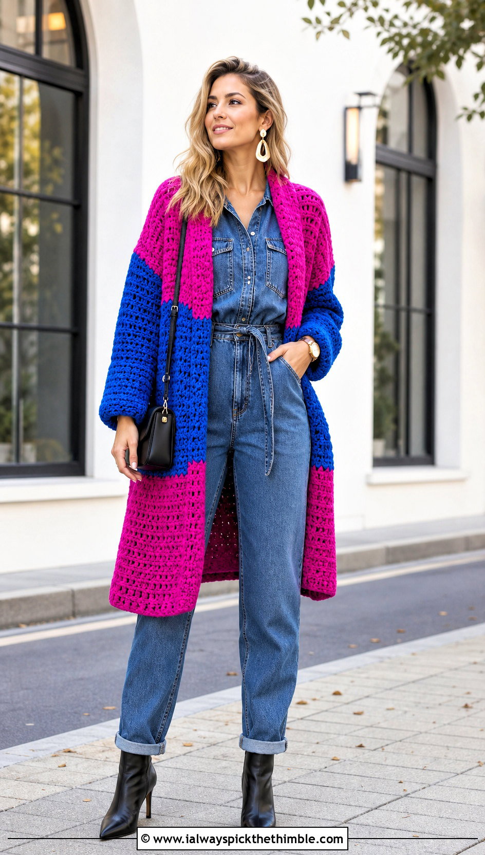Color Block Crochet Sweater Coat With A Denim Jumpsuit - 20 Crochet Sweater Coat outfit ideas