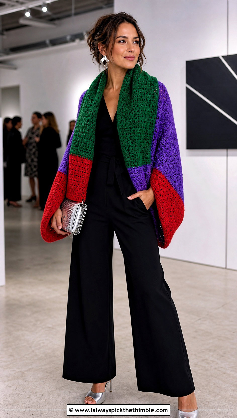Color Block Crochet Sweater Scarf With Black Jumpsuit - 25 crochet sweater scarf outfit ideas