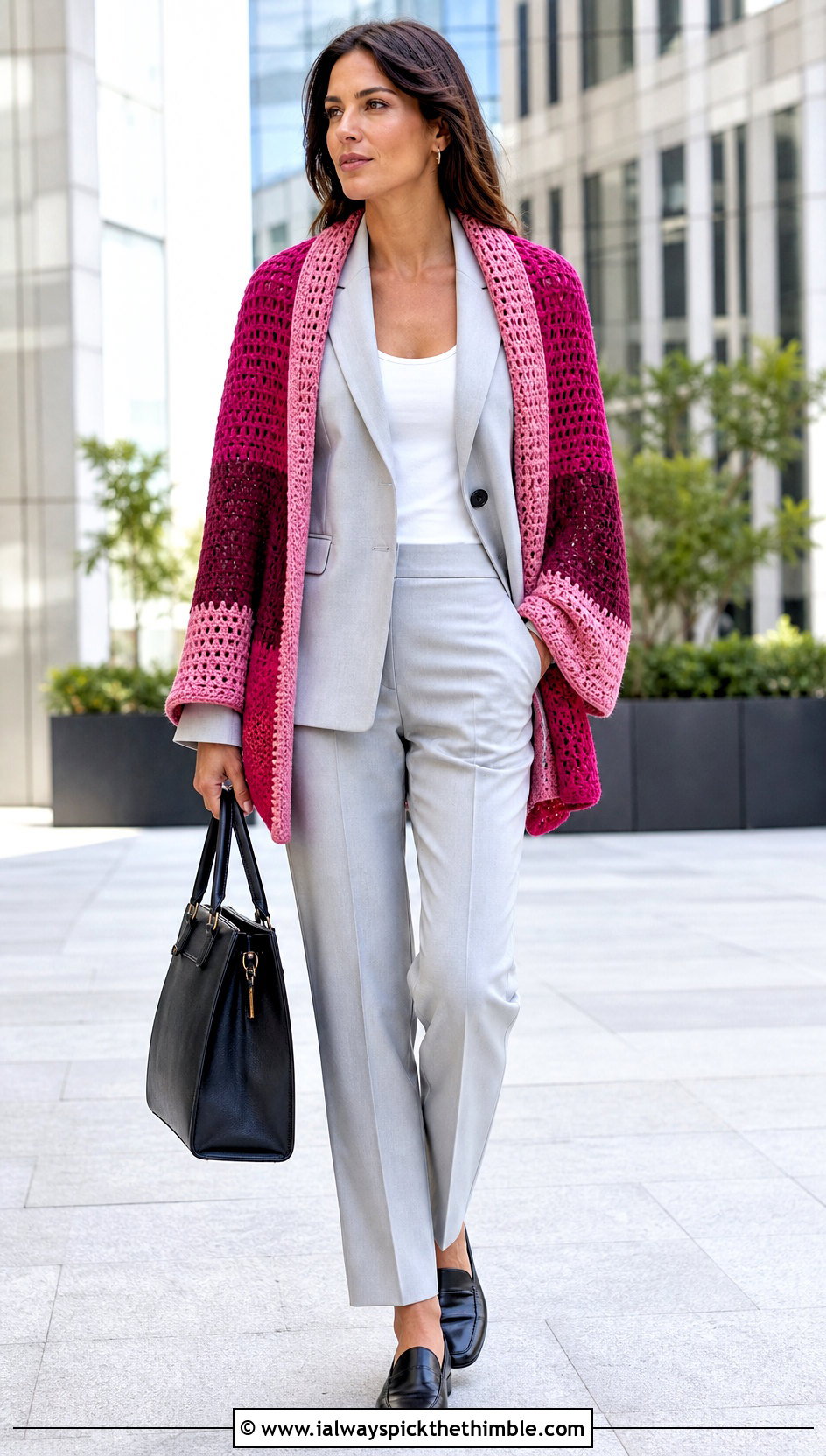 Color Block Crochet Sweater Scarf With Neutral Suit - 20 crochet sweater scarf with sleeves outfit ideas