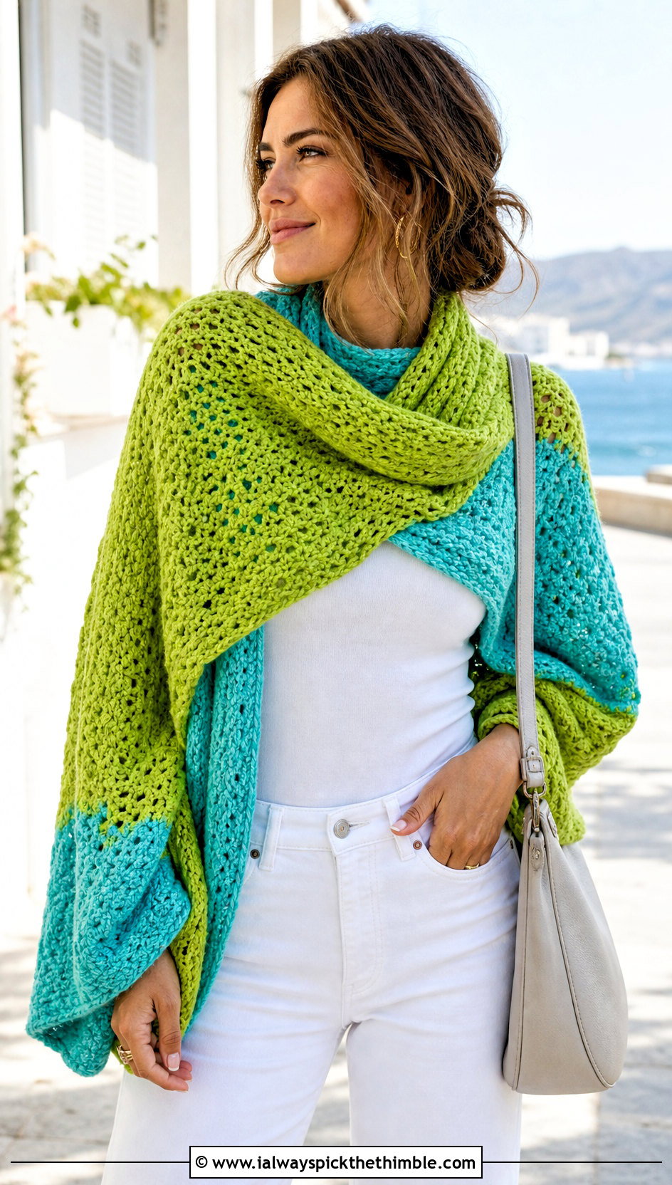 Color Block Crochet Sweater Scarf Wrap With White Jeans - 20 crochet scarf sweater wrap outfit ideas