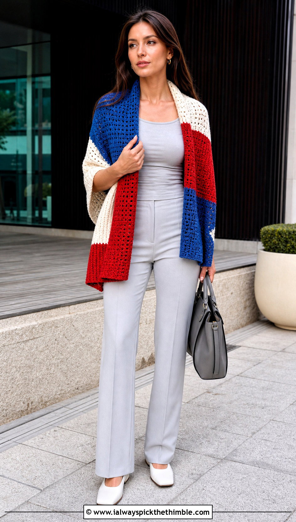 Color Block Crochet Sweater Shawl With A Monochrome Outfit - 20 crochet sweater shawl outfit ideas